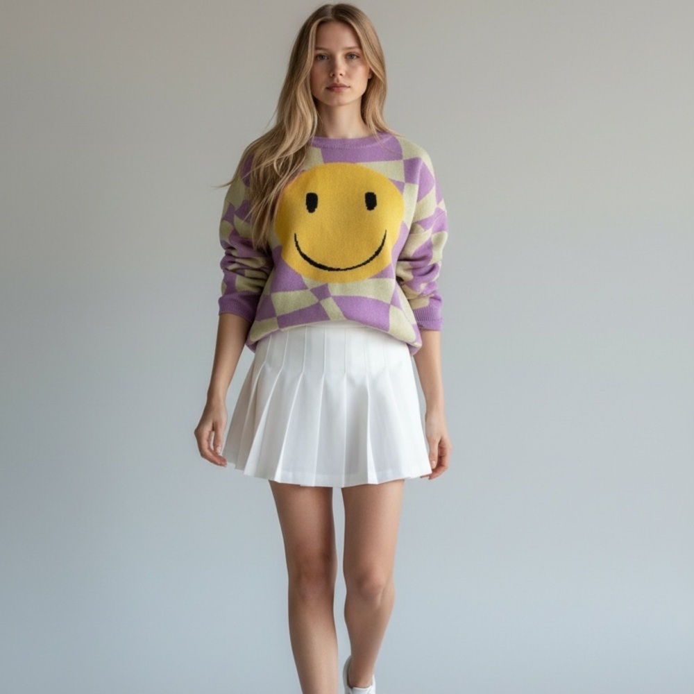 NWT Bailey Rose Checkered Smiley Face Sweater - Picture 2 of 10